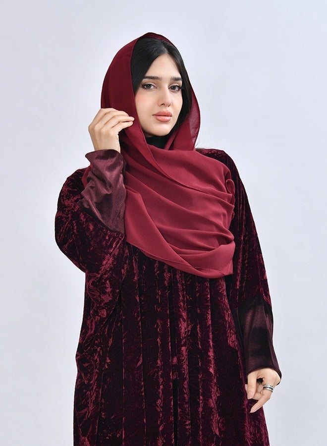 HAWRAA ABAYA Elegant quarter-bisht–style abaya crafted from luxurious velvet fabric in a rich burgundy color - Image 3